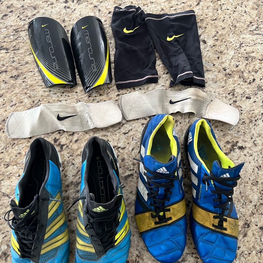 Adidas Predator Soccer Cleats (size 10) & Nike Mercurial Shin Guards & Sleeves